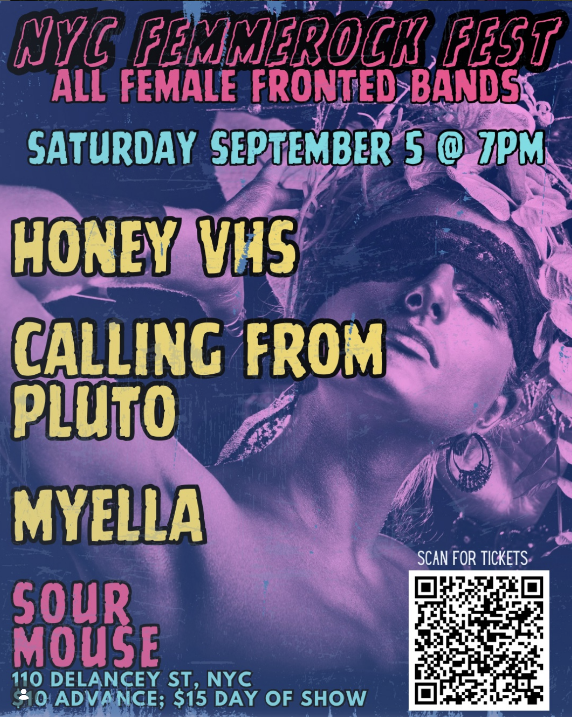 Flyer for NYC Femmerock Fest at Sour Mouse on September 5